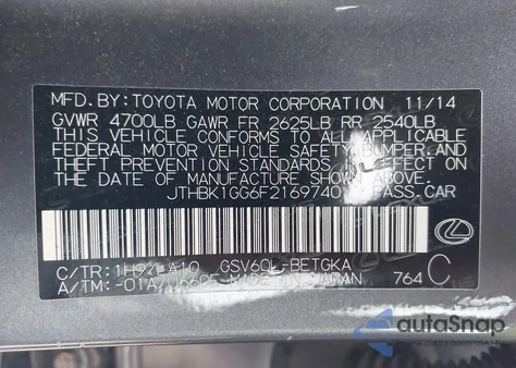 2015 Lexus Es 350 from USA, damaged, VIN JTHBK1GG6F2169740